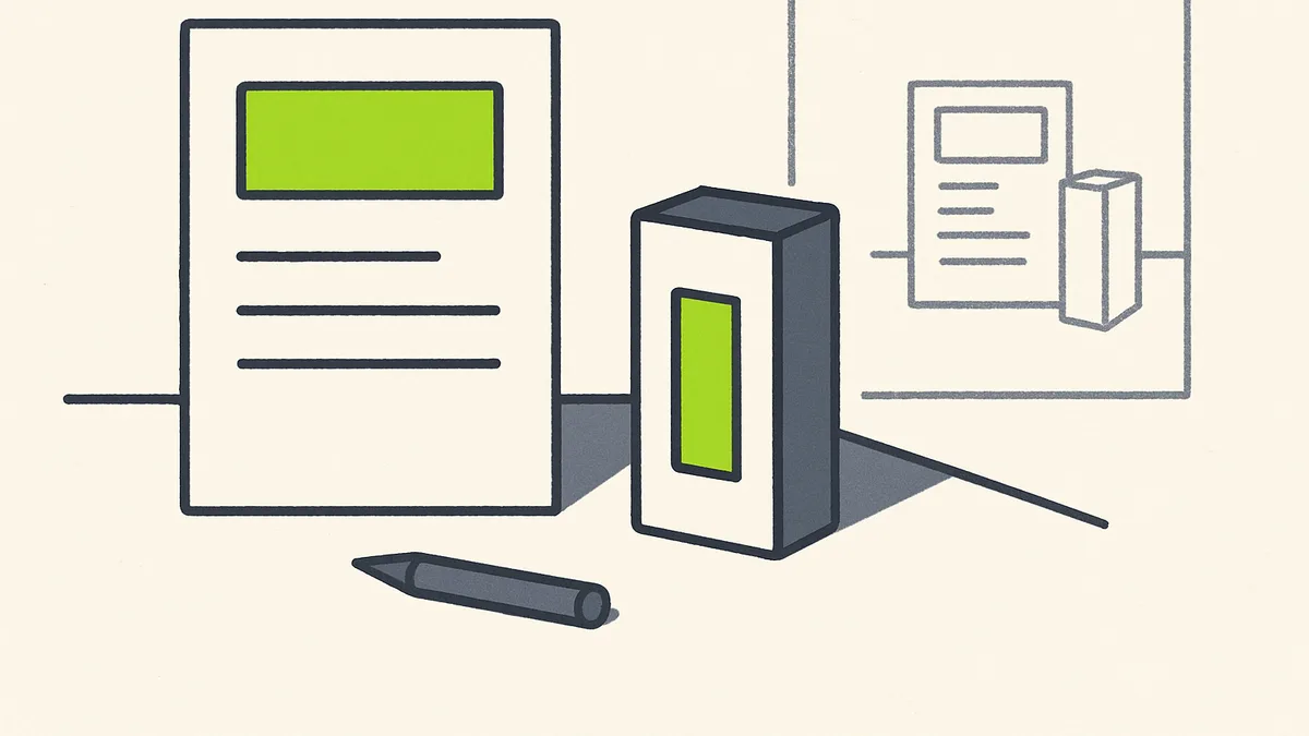A printed flyer and a product on a plain table, with a pencil sketch of the same layout beside them