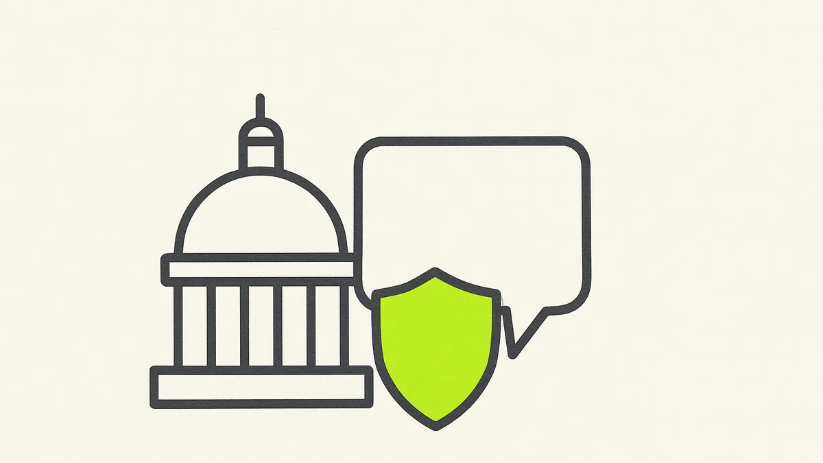 A simple capitol dome outline beside a chat speech bubble, with a small green shield in front of the bubble