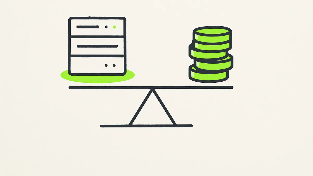 A balance scale with a small server rack on one side and a short stack of coins on the other, the coins side lower