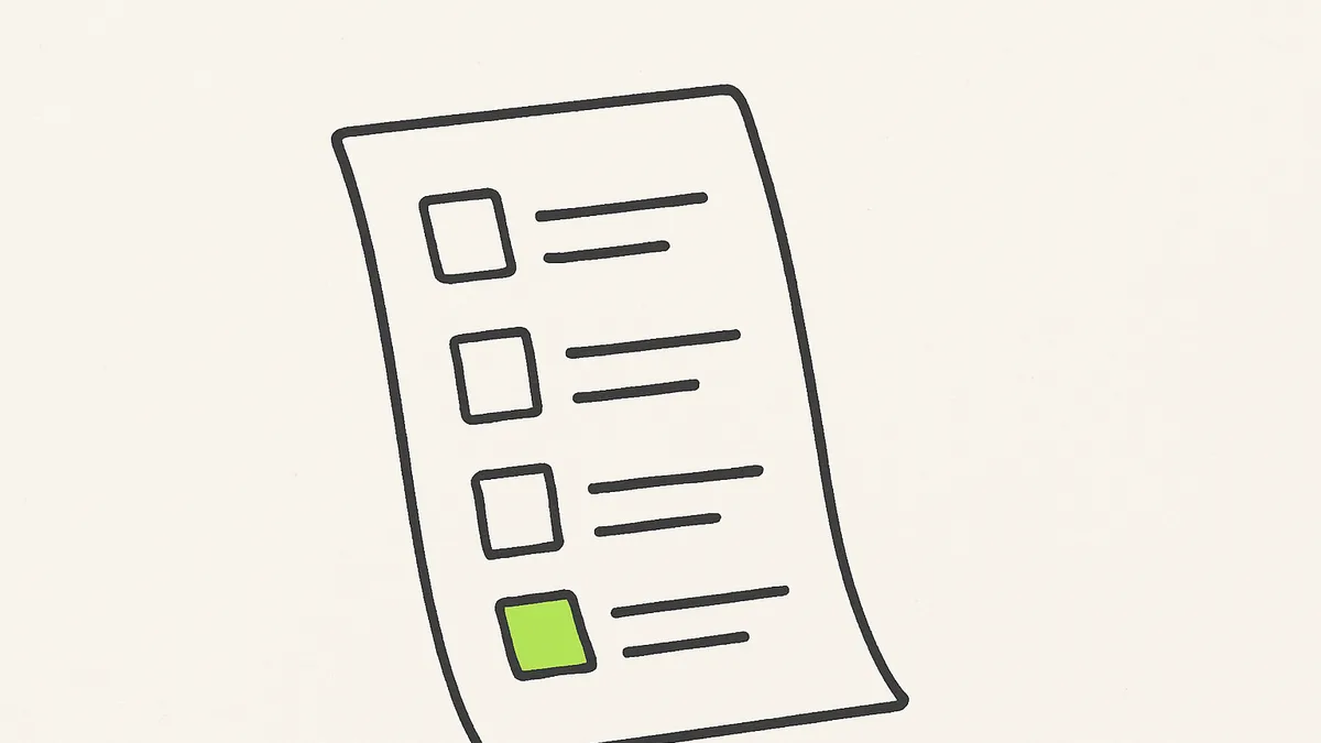 A single sheet of paper with four labelled boxes, the last one filled in green